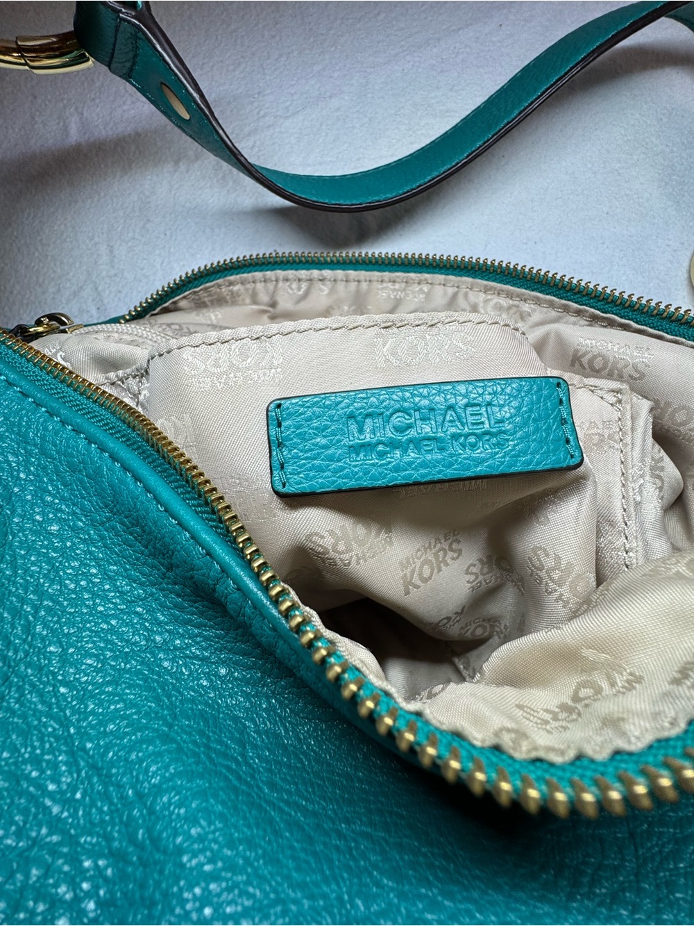 Michael Kors Teal Shoulder Hobo with Gold MK Emblem - Picture 6 of 11